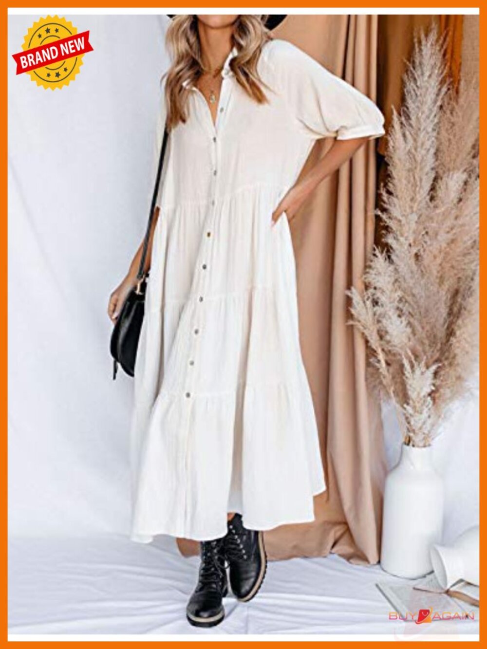 Women's Cotton Button Down Midi Dress with Pockets - Picture 2 of 6